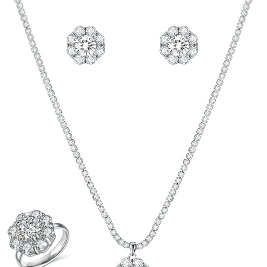 HZMAN Austrian Crystal Jewelry Set for Women Bride Dainty Cubic Zirconia Crystal Flower Necklace 925 Silver Stud Earring Eternity Ring Wedding Prom Jewelry Gift