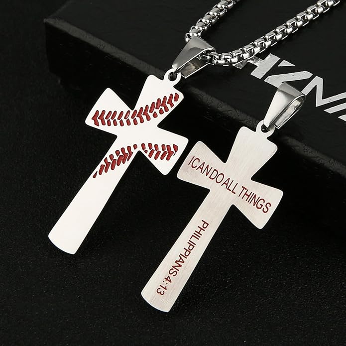 HZMAN Baseball Cross Pendant, I CAN DO ALL THINGS STRENGTH Bible Verse Stainless Steel Necklace , Stainless Stee