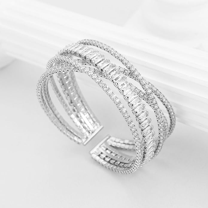 HZMAN Crystal Rhinestone Cuff Bracelet for Women Dainty MultiLayer Bracelet 5 Rows Layered Bracelets Jewelry for Prom Party Wedding