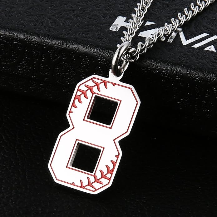 HZMAN Baseball Initial Pendant Necklace Inspiration Baseball Jersey Number 0-9 Charms Stainless Steel Necklace(Silver-5), Stainless Steel