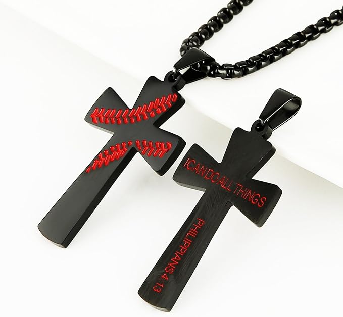HZMAN Baseball Cross Pendant, I CAN DO ALL THINGS STRENGTH Bible Verse Stainless Steel Necklace , Stainless Stee