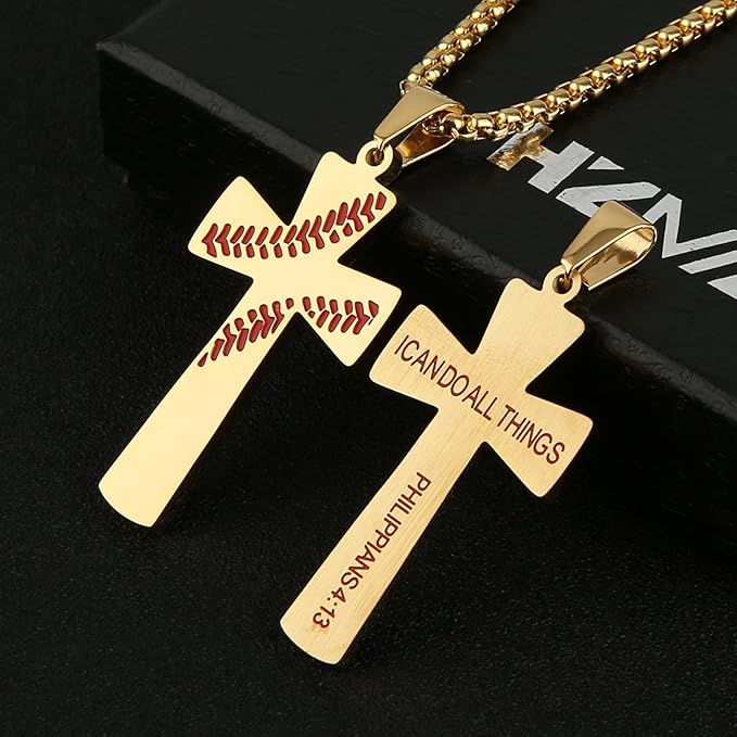 HZMAN Baseball Cross Pendant, I CAN DO ALL THINGS STRENGTH Bible Verse Stainless Steel Necklace , Stainless Stee