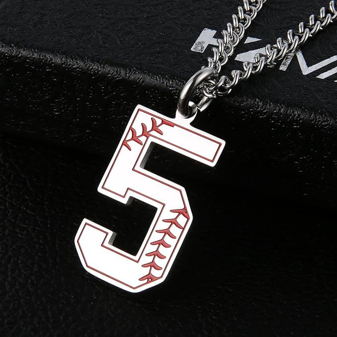 HZMAN Baseball Initial Pendant Necklace Inspiration Baseball Jersey Number 0-9 Charms Stainless Steel Necklace(Silver-5), Stainless Steel