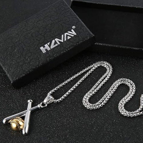 HZMAN Baseball and Baseball Bat Cross Sports Stainless Steel Pendant Necklace 22+2" Chain