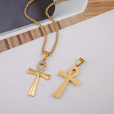 HZMAN Men's Stainless Steel Coptic Ankh Cross Religious Pendant Necklace with diamond, 22+2" Rope Chain