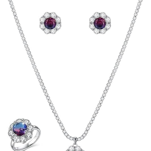 HZMAN Austrian Crystal Jewelry Set for Women Bride Dainty Cubic Zirconia Crystal Flower Necklace 925 Silver Stud Earring Eternity Ring Wedding Prom Jewelry Gift