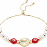 HZMAN Evil Eye Bracelet for Women 14K Gold Plated Saint Benedict Medal Retro Blue Eye Bead Luck Protection Stretch Bracelet Jewelry Gift