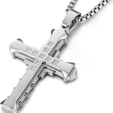 HZMAN Religion Men's Large Byzantium Stainless Steel Cubic Zirconia Cross Necklace Pendant 22+2 Inch Necklace (Silver), Stainless Steel