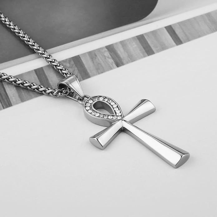 HZMAN Men's Stainless Steel Coptic Ankh Cross Religious Pendant Necklace with diamond, 22+2" Rope Chain