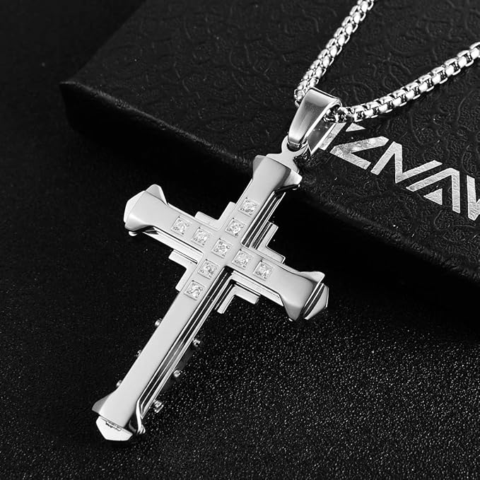 HZMAN Religion Men's Large Byzantium Stainless Steel Cubic Zirconia Cross Necklace Pendant 22+2 Inch Necklace (Silver), Stainless Steel