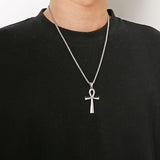 HZMAN Men's Stainless Steel Coptic Ankh Cross Religious Pendant Necklace with diamond, 22+2" Rope Chain