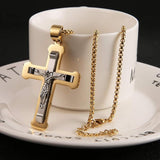 HZMAN Men's Jesus Stainless Steel Pendant Necklace Cross, 22 + 2 Inch Chain(Gold), Stainless Steel