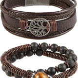 HZMAN Genuine Leather Tree of life Bracelets Men, Tiger Eye Natural Stone Lava Rock Beads Ethnic Tribal Elastic Bracelets Wristbands