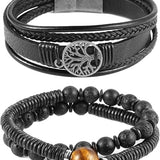HZMAN Genuine Leather Tree of life Bracelets Men, Tiger Eye Natural Stone Lava Rock Beads Ethnic Tribal Elastic Bracelets Wristbands