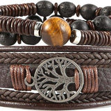 HZMAN Genuine Leather Tree of life Bracelets Men, Tiger Eye Natural Stone Lava Rock Beads Ethnic Tribal Elastic Bracelets Wristbands