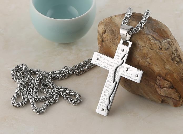 HZMAN Men's Stainless Steel Jesus Christ Crucifix Cross Lord's Prayer Pendant Necklace