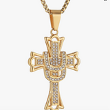 HZMAN Mens Iced Out Cross CZ Inlay Pendant 18k Gold Plated Stainless Steel Hip-Hop Necklace, Stainless Steel