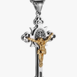 HZMAN Stainless Steel Saint Benedict Cross Necklace INRI (Large Silver & Gold), Stainless Steel