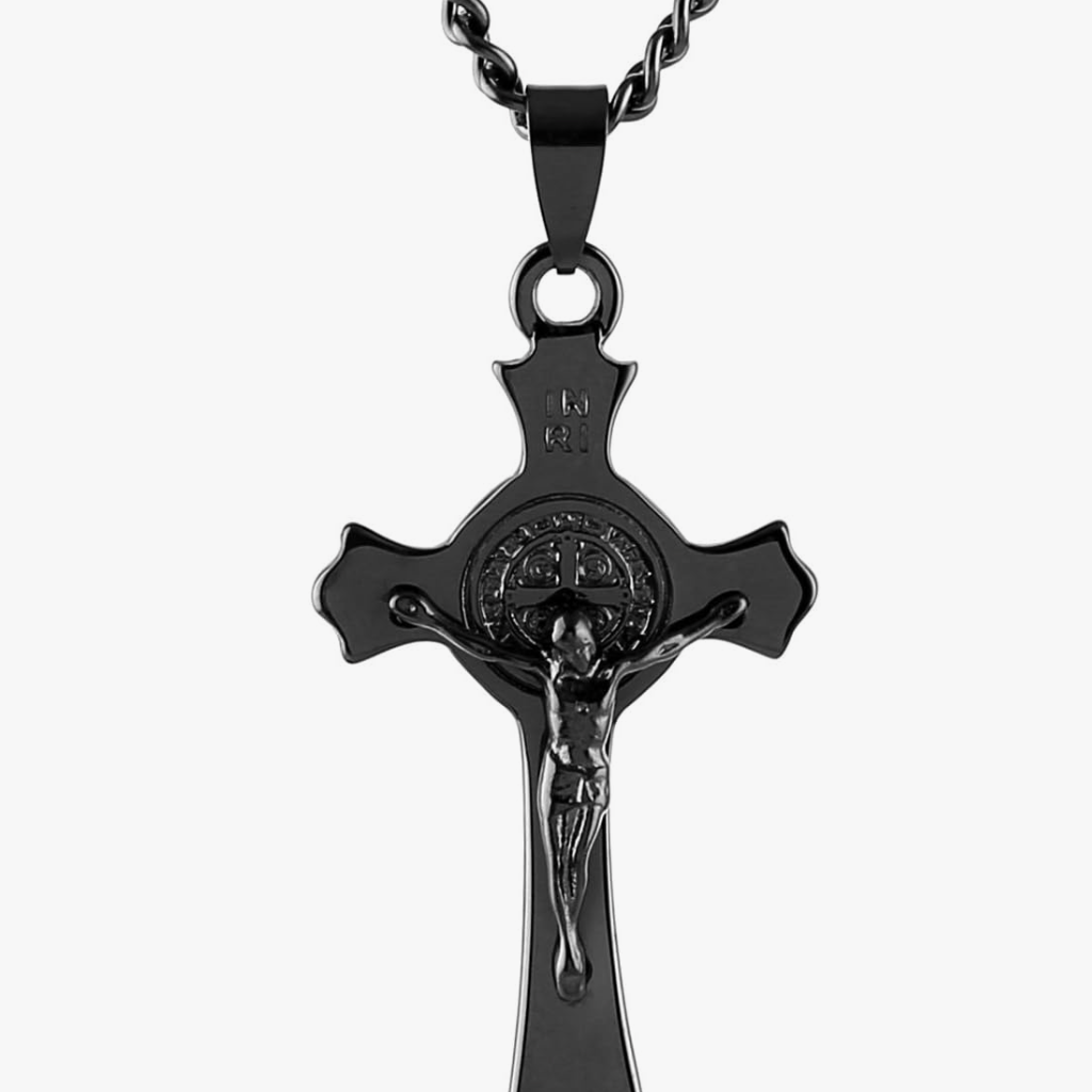HZMAN Stainless Steel Saint Benedict Cross Pendants Necklace INRI (Black), Stainless Steel